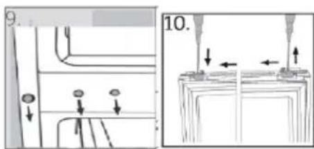 Technical diagram showing mechanical assembly with arrows indicating force or movement, alongside a close-up of a component with arrows and labeled section 10.
