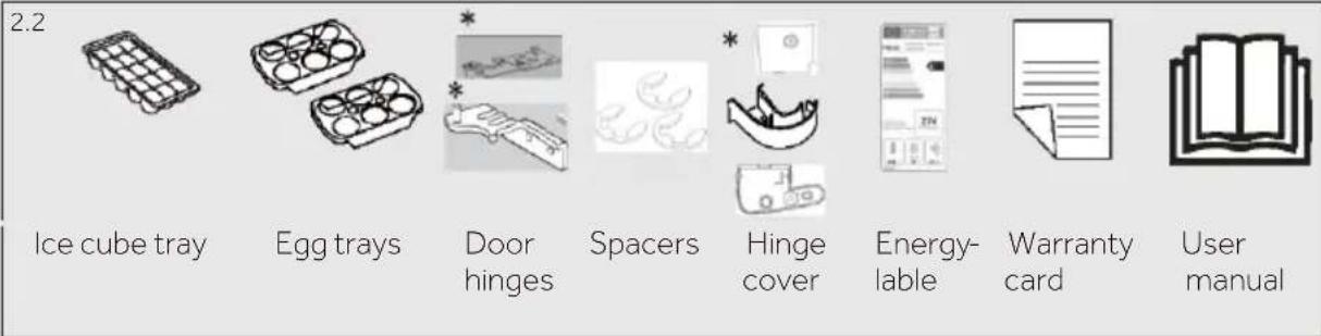 2.2 Ice cube tray Egg trays Door hinges Spacers Hinge cover Energy-lable Warranty card User manual