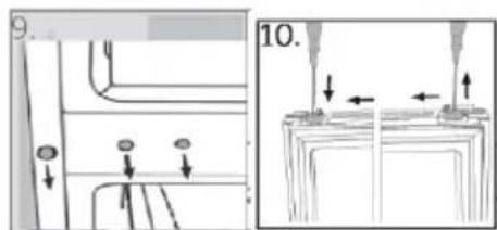 Technical diagram showing mechanical assembly steps with labeled components and directional arrows