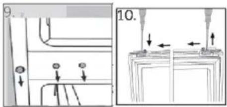 Technical diagram showing mechanical assembly steps with arrows indicating movement and labels 9 and 10