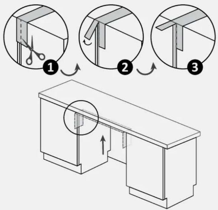 Diagram illustrating three-step folding or assembly process of a cabinet, with numbered steps and a 3D sketch of the cabinet.