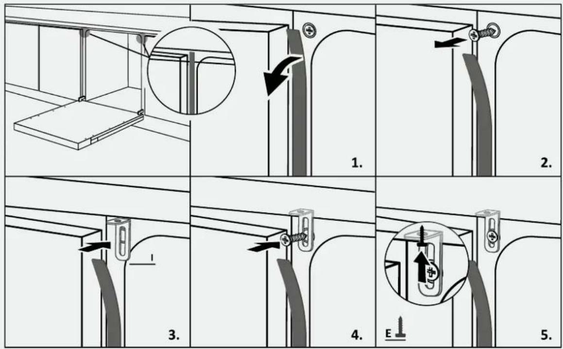 Technical diagram illustrating five-step installation or assembly process with labeled steps and directional arrows indicating movement.