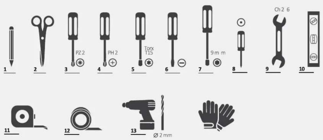 1 2 3 4 5 6 7 8 9 10 Ch2 6 PZ2 PH2 Torx T15 9 mm 11 12 13 Ø 2 mm Gloveda