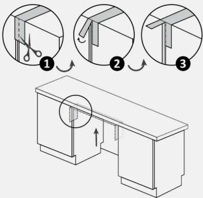 Diagram illustrating three-step folding or assembly process of a mechanical component, with numbered steps and a 3D schematic below.