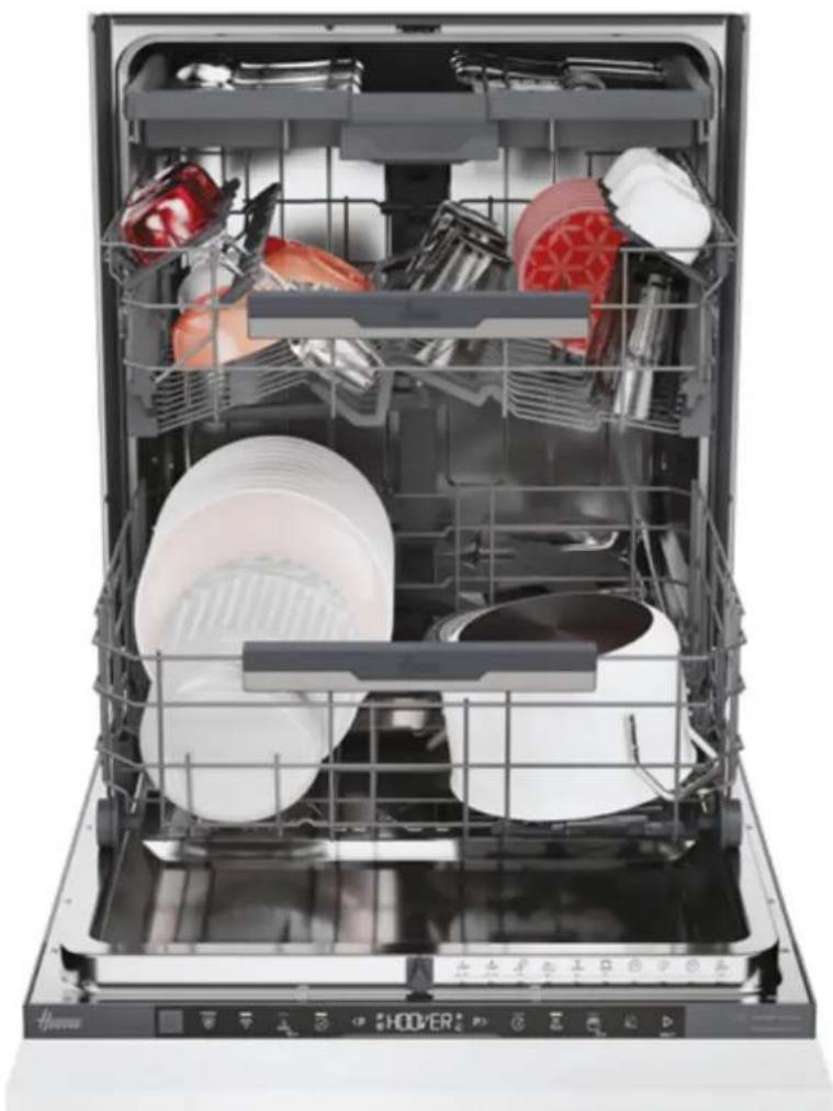 Interior view of a modern kitchen appliance with open drawer and multiple compartments filled with cleaning items (no visible text or symbols)