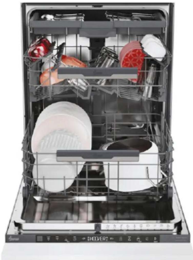 Interior view of a modern kitchen appliance with multiple compartments filled with kitchen utensils and plates (no visible text or labels)