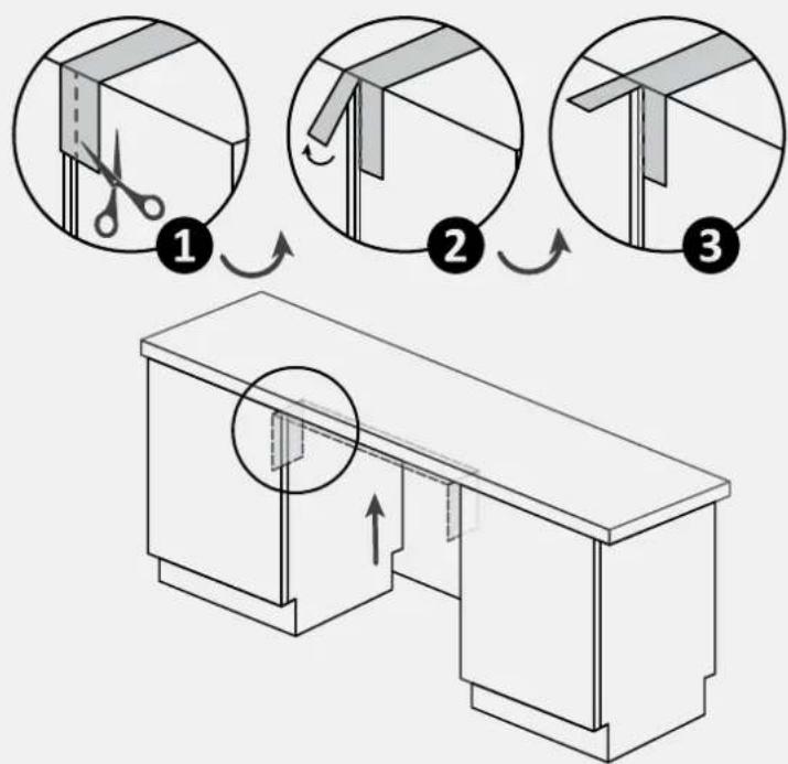 Diagram illustrating three-step folding or assembly process of a cabinet, with numbered steps and a 3D model view.
