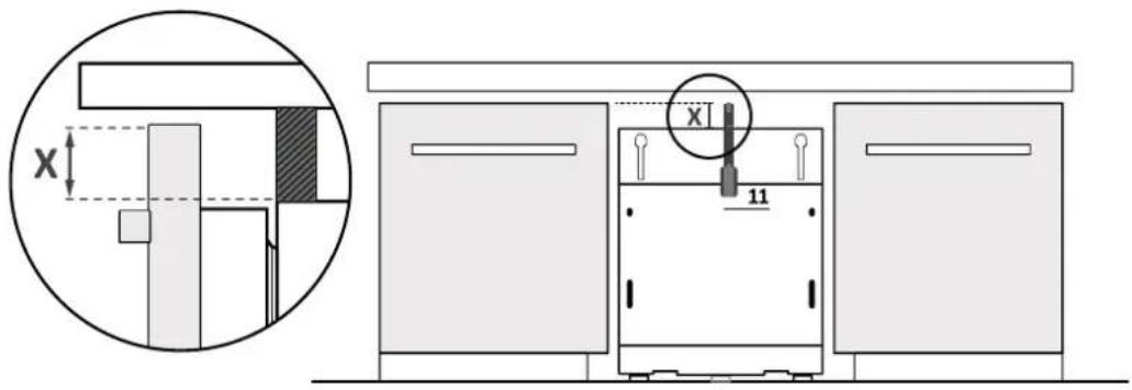 Technical diagram showing a cross-sectional view of a mechanical assembly with labeled dimensions X and 11, alongside a schematic diagram of the same components.