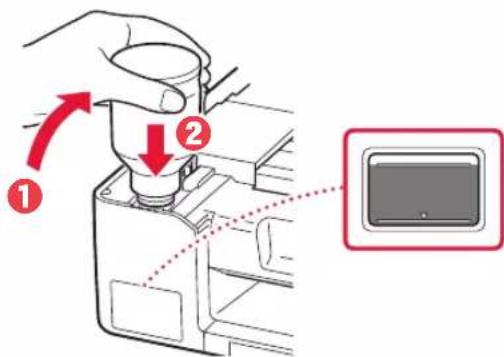 CANON Pixma G3420 - Coloque el frasco de tinta boca abajo despacio y empuje hacia abajo para verter la tinta. - 1