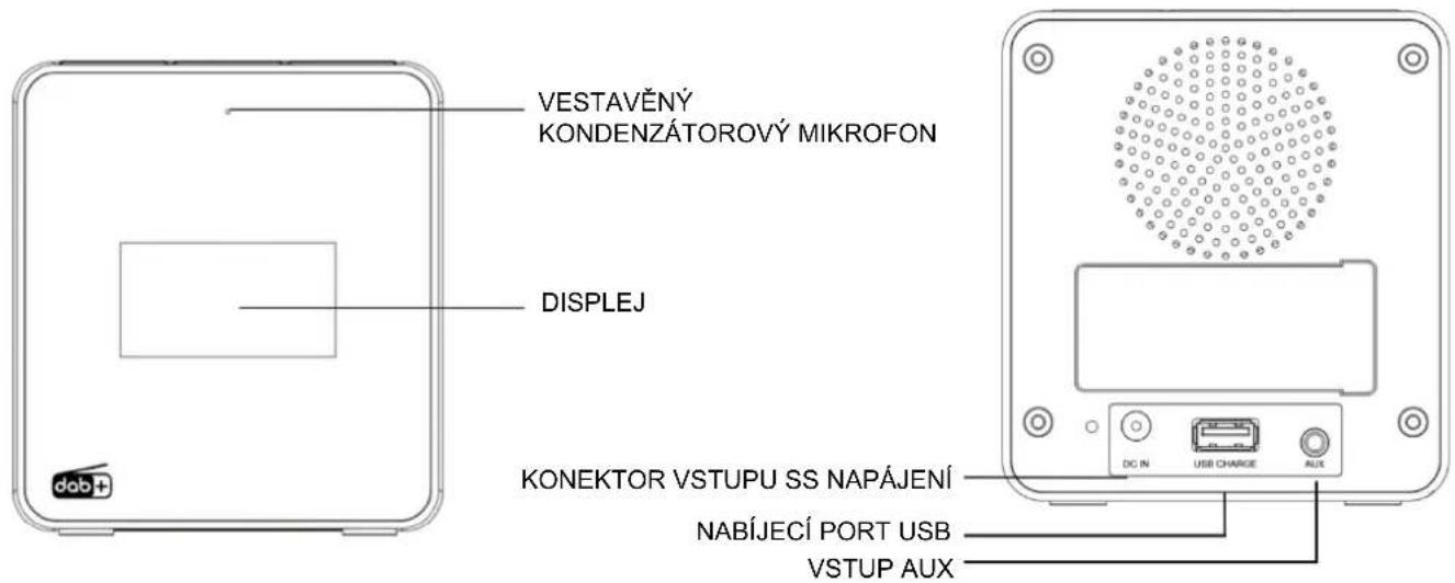 VESTAVĚNÝ KONDENZÁTOROVÝ MIKROFON DISPLEJ KONEKTOR VSTUPU SS NAPÁJENÍ NABÍJECÍ PORT USB VSTUP AUX