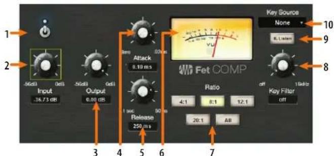 1 2 Input 36.73 dB 50dB 0dB 0dB Output 0.00 dB 3 4 5 6 Release 250 ms 50 ms Attack 0.19 ms 3ms 00 ms Fet COMP Ratio 4:1 8:1 12:1 20:1 All Key Source None R. Listen 10 9 8