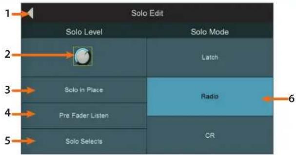 Solo Edit Solo Level Solo Mode 2 Latch 3 Solo in Place Radio 4 Pre Fader Listen 5 Solo Selects CR 6