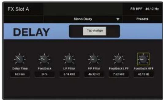 FX Slot A F8 HPF 40.13 Hz Mono Delay Presets DELAY Tap Assign Delay Time 653 ms Feedback 24 % LP Filter 6.14 kHz HP Filter 46.92 Hz Feedback LPF 7.62 kHz Feedback HPF 40.13 Hz