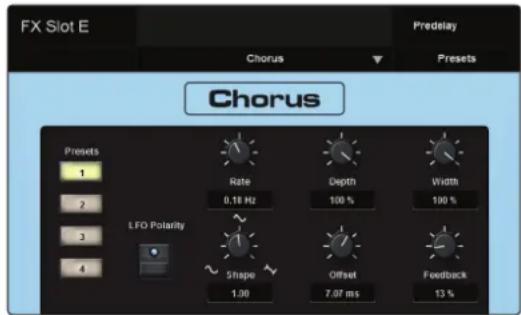 FX Slot E Chorus Predelay Presets Chorus Preset 1 2 3 4 Rate 0.18 Hz Depth 100 % Width 100 % LFD Polarity Shape 1.00 Offset 7.07 ms Feedback 13 %
