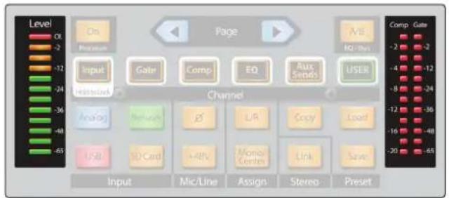 Level On Portion Input Gate Comp EQ Aux Sends USER Channel Analog Network JF LR Copy Load USB SD Card APPV Money Center Link Save Input Mic/Line Assign Stereo Preset A/B RG/Res Comp Gate -2 -2 -4 -12 -8 -24 -12 -36 -16 -48 -20 -65