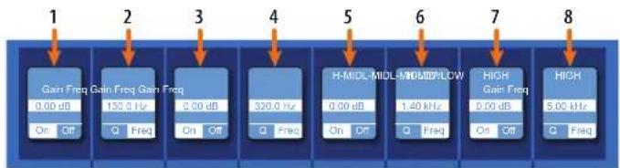 1 Gain Freq Gain Freq Gain Freq 0.00 dB On Off 2 135.0 Hz Q Freq 3 6.00 dB On Off 4 320.0 Hz Q Freq 5 H-MIDL-MIDL-R/HMID/LDW 0.00 dB On Off 6 1.40 kHz Q Freq 7 HIGH Gain Freq 0.00 dB On Off 8 HIGH 5.00 kHz Q Freq