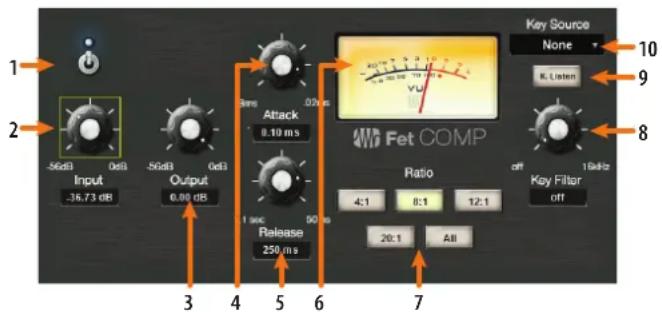 1 2 Input -36.73 dB -56dB 0dB -56dB 0dB Output 0.00 dB 3 4 5 6 Release 250 ms 50 ms 8ms 0.00 ms Attack 0.10 ms 1 sec 50 ms 6 7 Key Source None K Listen 10 9 8 Fet COMP Ratio 4:1 8:1 12:1 20:1 All off 1kHz Key Filter off
