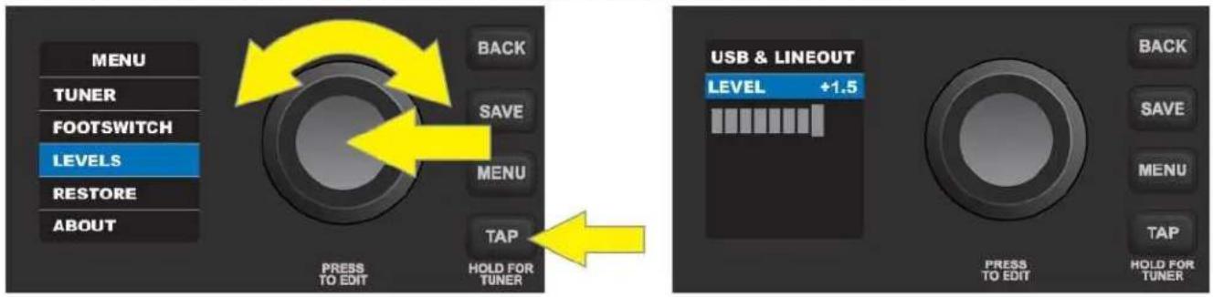 FENDER Mustang LT50 - FONCTION DU MENU : « LEVELS » (NIVEAUX) - 1
