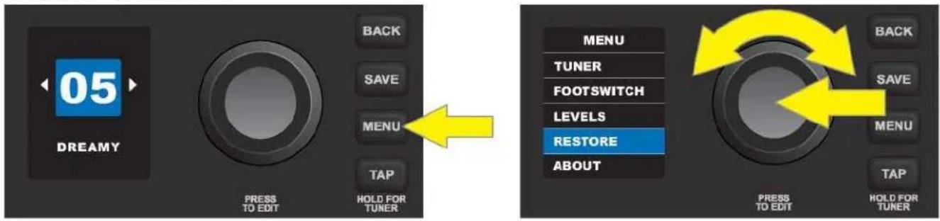 FENDER Mustang LT50 - FONCTION DU MENU : « RESTORE » (RÉINITIALISATION) - 1