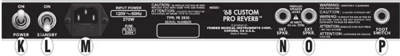 ON POWER STANDBY INPUT POWER 120V~60Hz 270W FUSE FR 15A L 250V CAUTION: TO REDRER THE RISK OF RIME NEPLAGE SWITCH WITH SAME TYPE AND RATING ADDITION: UTUSER UN FUBELE DE RECHANGE DE MEME TYPE ET CALIFURE. TYPE: PR 2850 SERIAL NUMBER MODEL: '68 CUSTOM PRO REVERB™ A PRODUCT OF: FENDER MUSICAL INSTRUMENTS CORP. CORONA, CA U.S.A. Made in Mexico PARALLEL SPEAKER JACKS 40 WANTS 40 WNTL TOTAL INT. SPKR. EXT. SPKR. WARNING: MAINTAIN® CLEARANCE FOR VENTILATION CAUTION: CHASSIS SURFACE HOT WARNING: TO REDRER THE RISK OF RIME ON ELECTRIC SHOCK. DO NOT EXPOSE THIS EQUIPMENT TO RAIN OR MOISTURE. ATTENTION: WMULDE CHOC ELECTRARE - NE PAS QURRII ATTENTION: SUPERFIRE DE CHASSIN CHAUGE FOOT SWITCH K L M N O P
