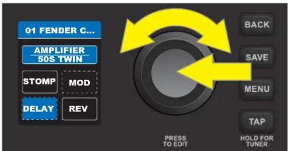 01 FENDER C... AMPLIFIER 50S TWIN STOMP MOD DELAY REV BACK SAVE MENU TAP HOLD FOR TUNER PRESS TO EDIT