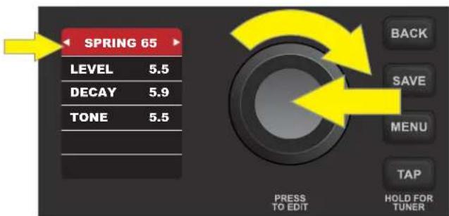 SPRING 65 LEVEL 5.5 DECAY 5.9 TONE 5.5 BACK SAVE MENU TAP HOLD FOR TUNER PRESS TO EDIT