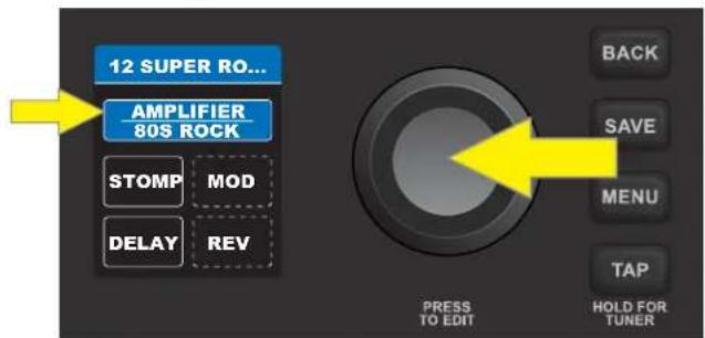 12 SUPER RO... AMPLIFIER 80S ROCK STOMP MOD DELAY REV BACK SAVE MENU TAP HOLD FOR TUNER PRESS TO EDIT