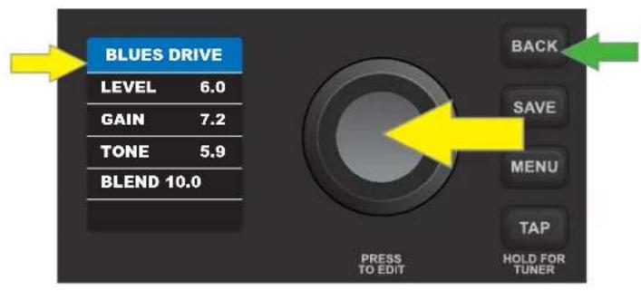 BLUES DRIVE LEVEL 6.0 GAIN 7.2 TONE 5.9 BLEND 10.0 BACK SAVE MENU TAP HOLD FOR TUNER PRESS TO EDIT