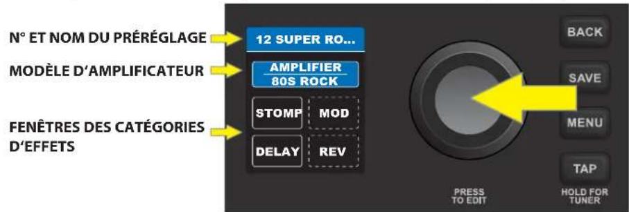 N° ET NOM DU PRÉRÉGLAGE 12 SUPER RO... MODÈLE D'AMPLIFICATEUR AMPLIFIER 80S ROCK STOMP MOD DELAY REV FENÊTRES DES CATÉGORIES D'EFFETS BACK SAVE MENU TAP PRESS TO EDIT HOLD FOR TUNER