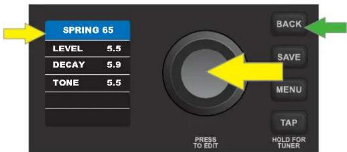 SPRING 65 LEVEL 5.5 DECAY 5.9 TONE 5.5 BACK SAVE MENU TAP HOLD FOR TUNER PRESS TO EDIT