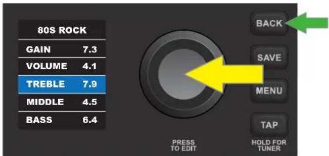 80S ROCK GAIN 7.3 VOLUME 4.1 TREBLE 7.9 MIDDLE 4.5 BASS 6.4 BACK SAVE MENU TAP HOLD FOR TUNER PRESS TO EDIT