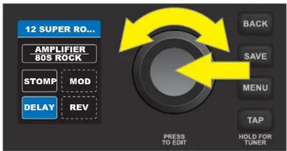 12 SUPER RO... AMPLIFIER 80S ROCK STOMP MOD DELAY REV BACK SAVE MENU TAP HOLD FOR TUNER PRESS TO EDIT