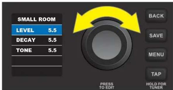 SMALL ROOM LEVEL 5.5 DECAY 5.5 TONE 5.5 PRESS TO EDIT BACK SAVE MENU TAP HOLD FOR TUNER
