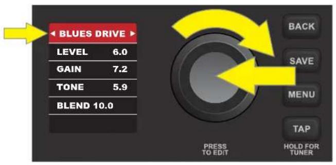 BLUES DRIVE LEVEL 6.0 GAIN 7.2 TONE 5.9 BLEND 10.0 BACK SAVE MENU TAP PRESS TO EDIT HOLD FOR TUNER