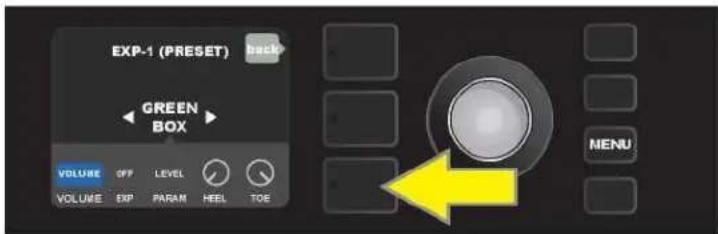 EXP-1 (PRESET) back GREEN BOX VOLUME OFF LEVEL VOLUME EXP PARAM HEEL TOE MENU