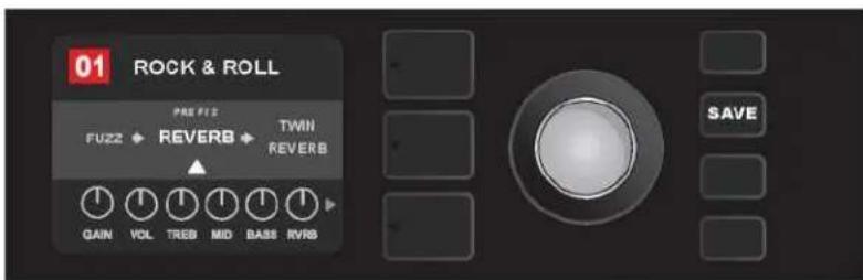 01 ROCK & ROLL PRE F12 FUZZ ◆ REVERB ◆ TWIN REVERB GAIN VOL TREB MID BASS RVRS SAVE