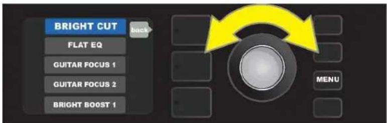 BRIGHT CUT back FLAT EQ GUITAR FOCUS 1 GUITAR FOCUS 2 BRIGHT BOOST 1 MENU