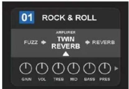 01 ROCK & ROLL AMPLIFIER TWIN REVERB FUZZ → REVERB GAIN VOL TREB MID BASS PRES
