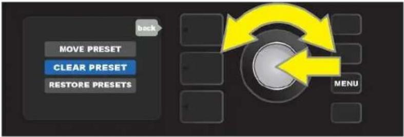 back MOVE PRESET CLEAR PRESET RESTORE PRESETS MENU