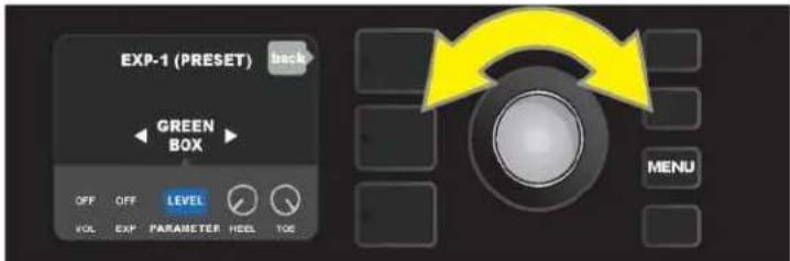 EXP-1 (PRESET) back GREEN BOX OFF OFF LEVEL VOL EXP PARAMETER HEEL TOG MENU