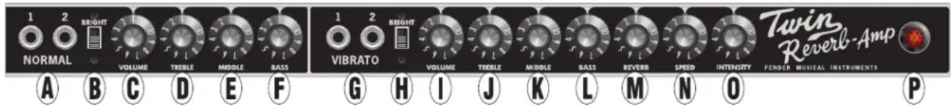 1 2 BRIGHT NORMAL VOLUME TREBLE MIDDLE BASS 1 2 BRIGHT VIBRATO VOLUME TREBLE MIDDLE BASS REVERB SPEED INTENSITY FENDER MUSICAL INSTRUMENTS Twin Reverb-Amp A B C D E F G H I J K L M N O P