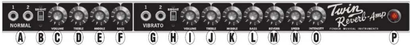 1 2 BRIGHT NORMAL VOLUME TREBLE MIDDLE BASS 1 2 BRIGHT VIBRATO VOLUME TREBLE MIDDLE BASS REVERB SPEED INTENSITY Twin Reverb-Amp FENDER MUSICAL INSTRUMENTS P A B C D E F G H I J K L M N O P