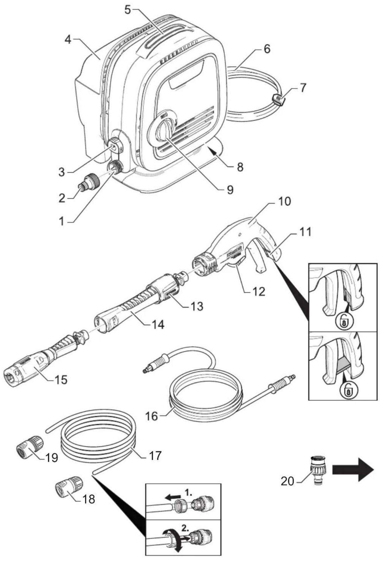 Technical diagram of a water spray gun with numbered parts and exploded view showing internal components and assembly steps.