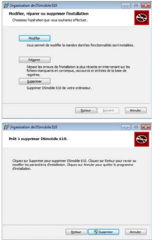 Organisation de DSmobile 610 Modifier, réparer ou supprimer l'installation Choisissez l'opération que vous souhaitez effectuer. Modifier Vous permet de modifier la manière dont les fonctionnalités sont installées. Réparer Répare les erreurs de l'installation la plus récente en intervenant sur les fichiers manquants et corrompus, raccourcis et entrées de la base de registres. Supprimer Supprimer DSmobile 610 de votre ordinateur. Retour Suivent Annuler Organisation de DSmobile 610 Prêt à supprimer DSmobile 610. Cliquez sur Supprimer pour supprimer DSmobile 610. Cliquez sur Retour pour revoir ou modifier les paramètres d'installation. Cliquez sur Annuler pour quitter le programme d'installation. Retour Supprimer Annuler