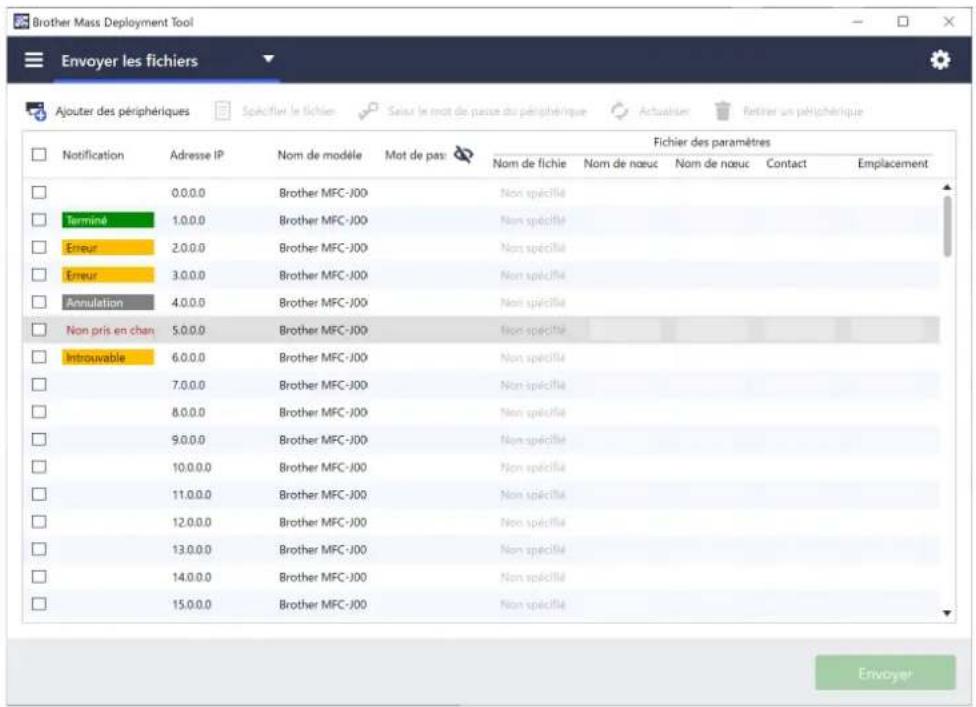 Brother Mass Deployment Tool Envoyer les fichiers Ajouter des périphériques Spécifier le fichier Secur le mot de passe du périphérique Actualiser Fétirer un périphérique Fichier des paramètres Notification Adresse IP Nom de modèle Mot de pas: Nom de fchie Nom de nœuc Nom de nœuc Contact Emplacement 0.0.0.0 Brother MFC-J00 Non spécifié Terminé 1.0.0.0 Brother MFC-J00 Non spécifié Erreur 2.0.0.0 Brother MFC-J00 Non spécifié Erreur 3.0.0.0 Brother MFC-J00 Non spécifié Annulation 4.0.0.0 Brother MFC-J00 Non spécifié Non pris en chan 5.0.0.0 Brother MFC-J00 Non spécifié Introuvable 6.0.0.0 Brother MFC-J00 Non spécifié 7.0.0.0 Brother MFC-J00 Non spécifié 8.0.0.0 Brother MFC-J00 Non spécifié 9.0.0.0 Brother MFC-J00 Non spécifié 10.0.0.0 Brother MFC-J00 Non spécifié 11.0.0.0 Brother MFC-J00 Non spécifié 12.0.0.0 Brother MFC-J00 Non spécifié 13.0.0.0 Brother MFC-J00 Non spécifié 14.0.0.0 Brother MFC-J00 Non spécifié 15.0.0.0 Brother MFC-J00 Non spécifié