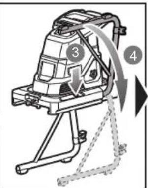 Diagram of a mechanical device with numbered components and directional arrows indicating motion or flow.