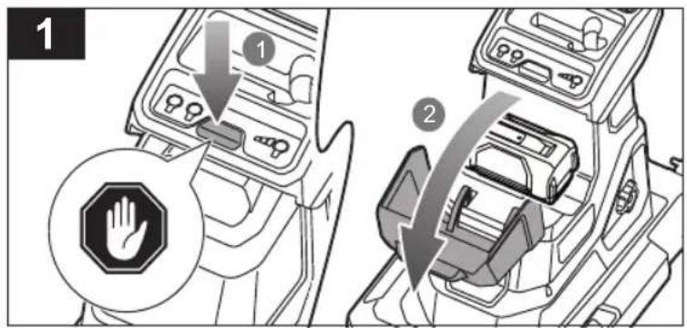 Diagram showing car interior control panel with hand gesture and safety warning symbol