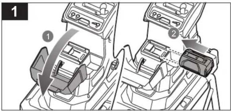 Diagram showing car interior and seat assembly with labeled parts, including a directional arrow indicating movement from component 1 to component 2.