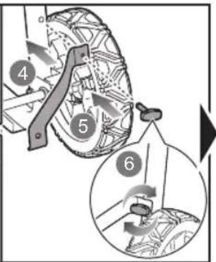 Diagram illustrating a mechanical assembly with numbered steps and directional arrows indicating motion or force.
