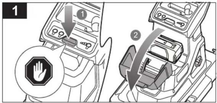 Diagram showing car interior control panel with hand gesture and safety warning symbol